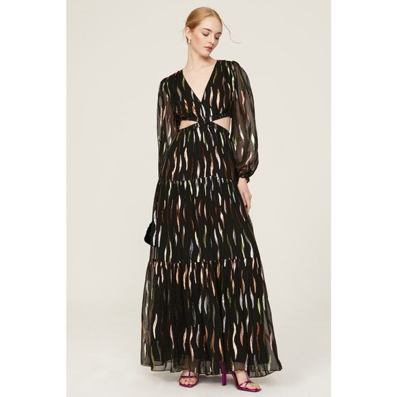 SHOSHANNA Black Georgette Metallic Ribbon Waist Cinching Cutout Randi Dress 14 - Picture 3 of 15